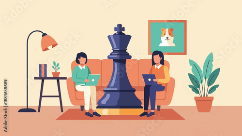 Two people using laptops near a giant chess piece on a sofa