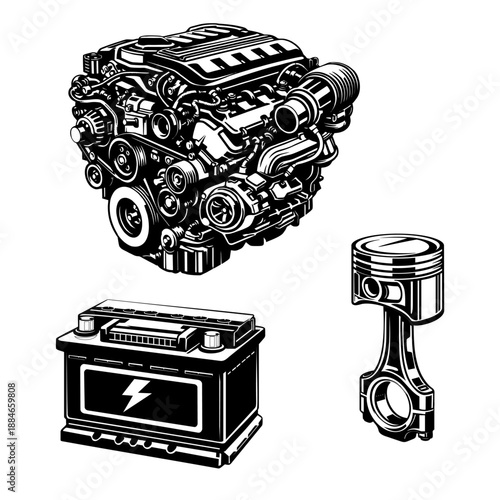 car engine components, motor, piston and battery black and white vector