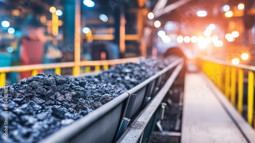 Conveyor belt transporting coal in a power plant, providing energy for industrial operations
