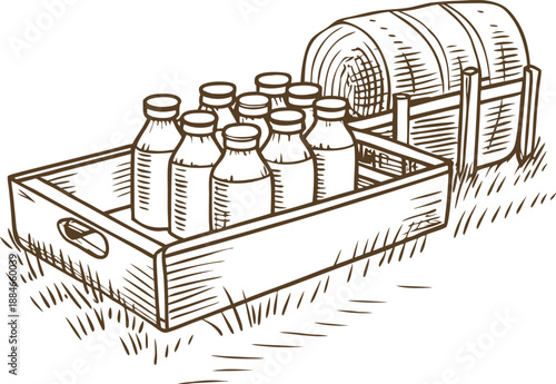 Milk bottles crate on grass with haystack background hand drawn illustration
