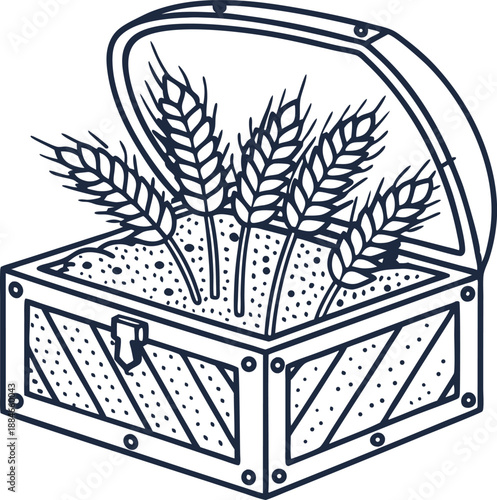 Wooden treasure chest filled with wheat grains and stalks, agricultural harvest concept