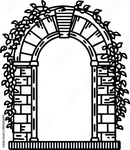 Arched garden doorway with climbing vines and brick frame in black line art