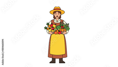 Cheerful female farmer in a straw hat and apron proudly holds a large, overflowing basket of freshly harvested organic vegetables and fruits.