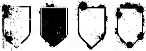Grunge shields set with splatter frames, ink blots and rough edges, distressed design elements