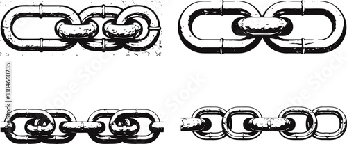 worn metal chains in various link configurations with rust and texture details isolated on white