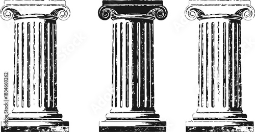 Three vintage classical columns with intricate capitals, detailed engravings, and vertical fluting designs