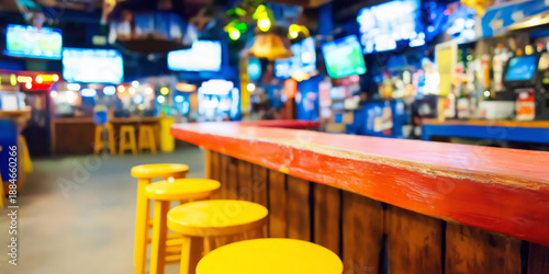 Wallpaper Mural Empty bar interior with yellow stools and illuminated television screens anticipating customers or a live sports event Torontodigital.ca