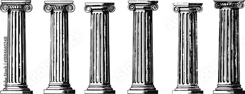 Set of six classical greek ionic columns with fluted shafts and ornate capitals