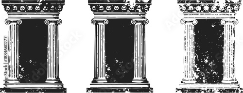 ancient classical columns with corinthian capitals in three artistic distressed styles