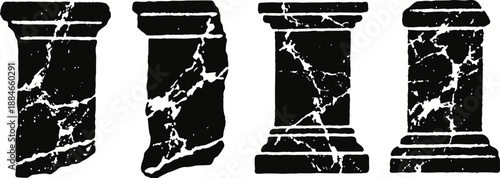 Ancient broken black marble columns with white veins, classical architectural elements, stone pillars fragments