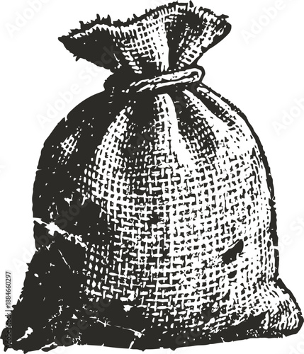 Burlap sack bag tied with string, rustic woven jute container for storage or transport