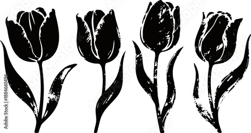 Black silhouette tulips set four stylized blooming flowers with stems and leaves isolated on white background