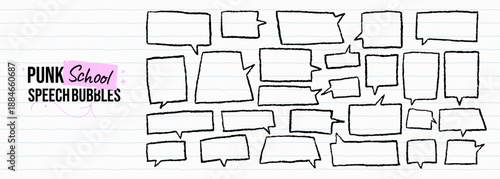 Black rectangular speech bubbles. Crayon drawn shapes with ballpoint pen lines. Funky school doodle text boxes with rough outlines. Comic emphasis, highlighting, underlines. Vector dialog frames.