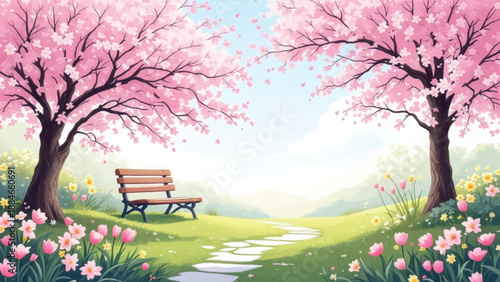 Sakura bench pathway with pink blossoms and spring meadow. Romantic garden scene featuring cherry trees, flowers, soft light. Pastel park landscape with steppingstones, petals, tranquil view