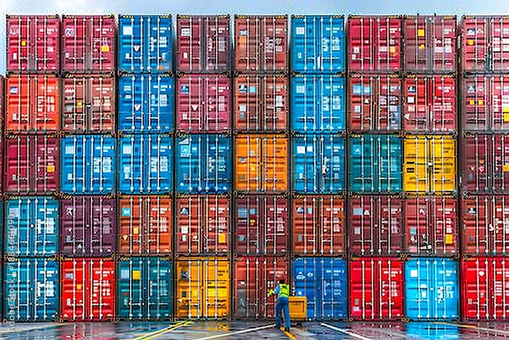 Fototapeta premium Cargo truck at port dock with workers unloading colorful containers from container ship