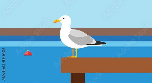 A seagull from the Laridae family perches on a dock with a small buoy nearby on a calm day with a camar atmosphere