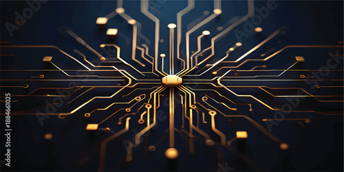 Concept of artificial intelligence. AI Chip with blue light on a circuit and electronic elements background. AI innovation futuristic concept. Big data and machine learning. Vector illustration.