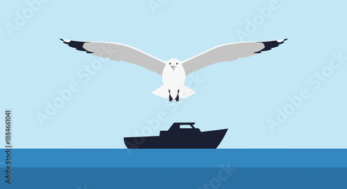A seagull from the Laridae family flies over a boat with a camaraderie feel in the ocean