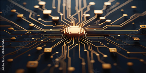 Circuit board frame with an empty place in the center on a technology blue background. AI innovation concept. Tech template for web and presentations. Digital vector illustration