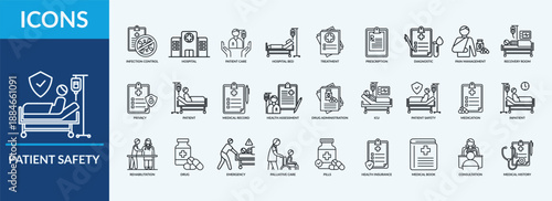 Patient Safety - Icon Collection. Thin Outline Set contains such Icons as infection control, health assessment, pain management  and more. Simple web icons set