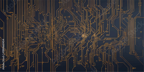 Futuristic microchip pattern on dark luxury background with central space for text. Digital network lines create sophisticated tech aesthetic for AI presentations. Digital vector illustration