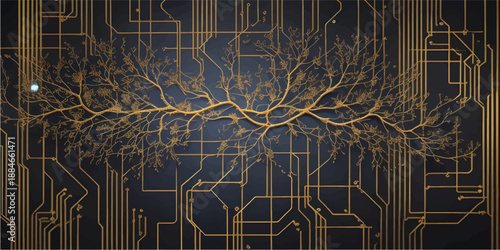 gold circuit board pattern with empty center area for text. Modern electronic background features pink details, perfect for technology presentations and digital design concepts. Vector illustration