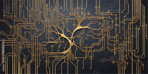 gold circuit board pattern with empty center area for text. Modern electronic background features pink details, perfect for technology presentations and digital design concepts. Vector illustration