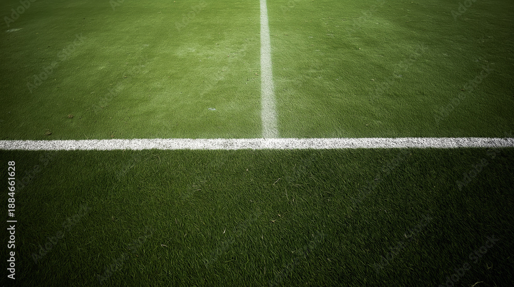 Obraz premium Green artificial turf displaying white painted boundary lines on a sports field, symbolizing limits and competition