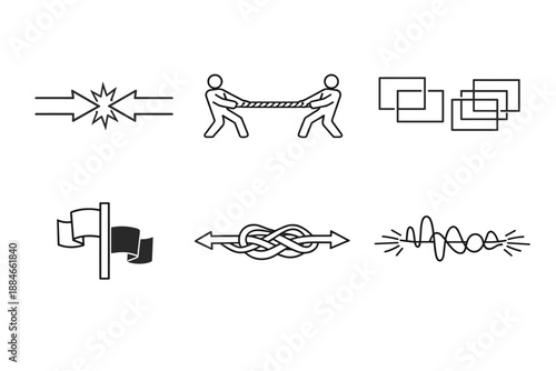 Memetic Conflict Icons. Line style icons of memetic conflict: opposing arrow clash, narrative tug-of-war line, competing frames