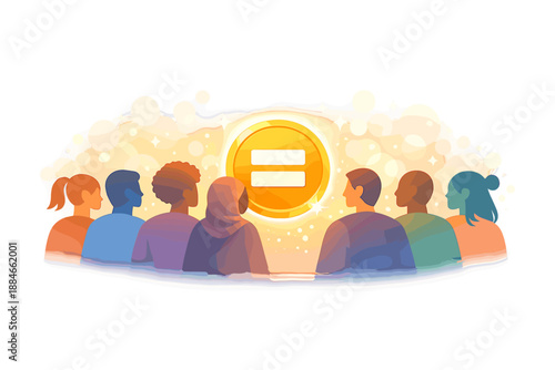 Equal Rights Unity. Diverse silhouettes standing shoulder to shoulder in a unified arc around a glowing equal-sign badge, bokeh