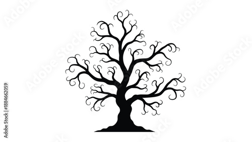 Striking silhouette of a leafless tree with dramatically twisted branches, evoking the stark beauty of winter or a spooky, mystical atmosphere.
