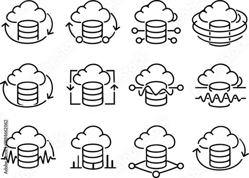 Image Generation. Line style vector icons of cloud computing database services: loop arc, cycle stripe, variation line, frequency