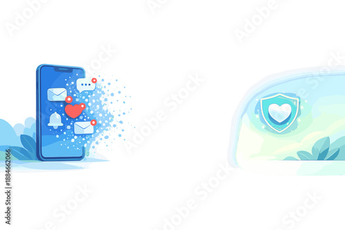 Digital Detox Illustration. Digital detox scene with smartphone notifications dissolving into soft particles, small shield-heart