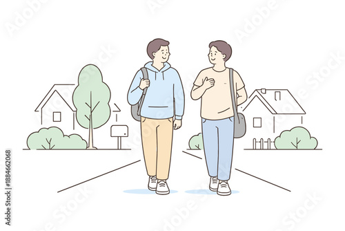 Minimalist Stroll Companions. Two friends walk together through familiar neighborhood paths calmly Minimalist flat line vector