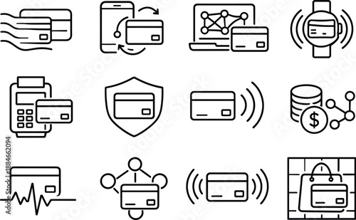 Image Generation. Line style vector icons of payment processing payment methods: rhythm stripe, sync contour, interval mesh, sync