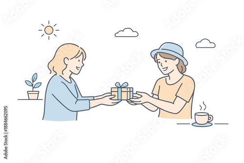 Gift Exchange Delight. Two friends exchanging little gifts, one reaching out while the other receives with a smile, modern flat