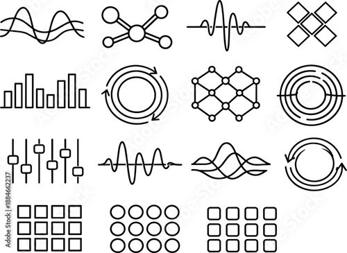 Image Generation. Line style vector icons of email marketing campaign sending and delivery: wave mesh, wave mesh, transition node,