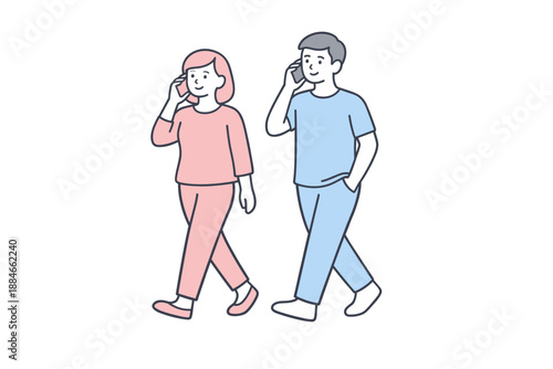 Calm Phone Conversation. Man and woman walk slowly while continuing a calm phone conversation together Minimalist flat line vector