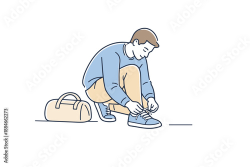 Tying Shoelaces Calmly. Man bending down to tie shoe laces before leaving, simple motion and calm expression capturing a routine