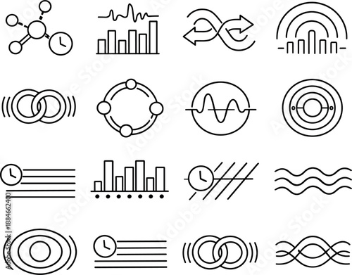Image Generation. Line style vector icons of artificial intelligence data analysis tools: timing node, frequency bar, frequency