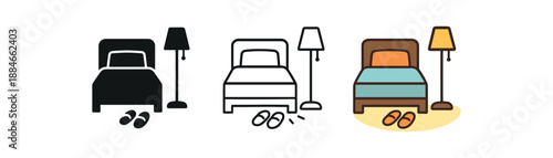 Bedroom with bed and lamp icon set. Hotel room, sleep, furniture, accommodation symbol. Outline flat and colored vector illustration.