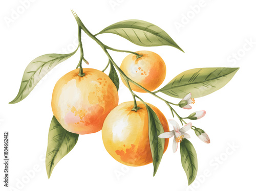 Orange branches with blossoms painted in fresh watercolor harmony.