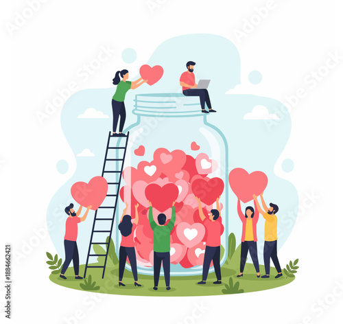 Charity, donation and generous social community. Tiny Volunteers holding heart symbol and put hearts in a glass jar. Give and share your love, hope, support to people stock illustration