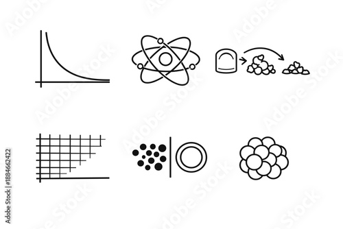 Decay Over Millennia Icons. Line style vector icons of decay over millennia: exponential decay curve, isotope symbol, slow