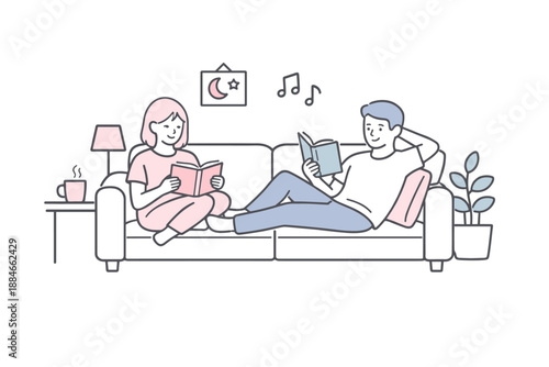 Quiet Evening Reading. Couple relaxes on a sofa reading quietly as part of an evening routine Minimalist flat line vector