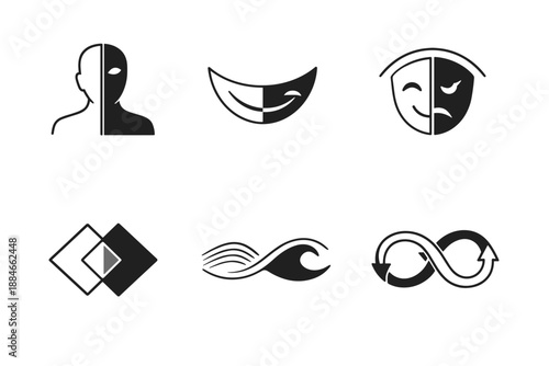 Trickster Duality Icons. Line style vector icons of Trickster’s dual nature: light–shadow figure, ambiguous smile shape,