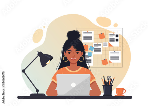 A young woman with dark hair works on a laptop. Work from home. Freelance. Stay at home. Vector flat illustration. stock illustration