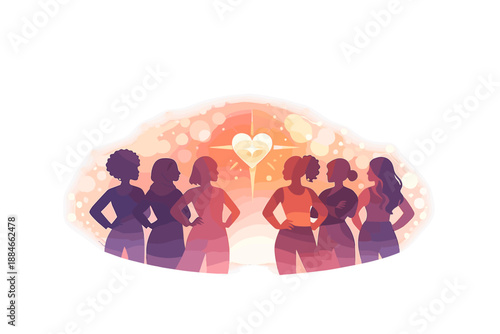 Empowered Women Silhouettes. Diverse women silhouettes standing together in a confident arc with a glowing heart-star center, soft