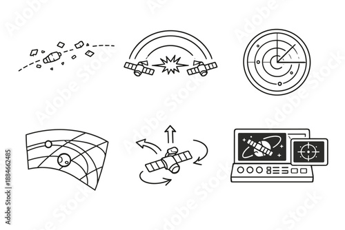 Space Situational Icons. Line style icons of space situational awareness: debris track line, collision-warning arc,