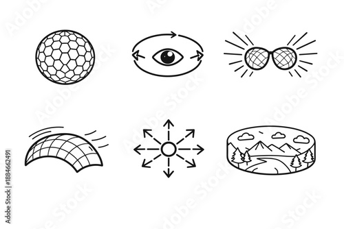 Panoramic Insect Vision. Line style vector icons of panoramic insect vision: spherical facet sheet, 360-degree arc, wide-field